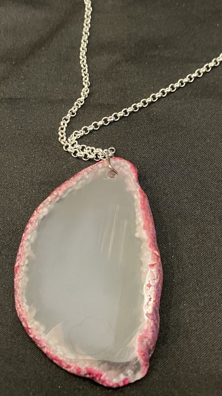 925 Sterling Silver Necklace Druzy Pink Geode Agate Slice Pendant Jewelry Art